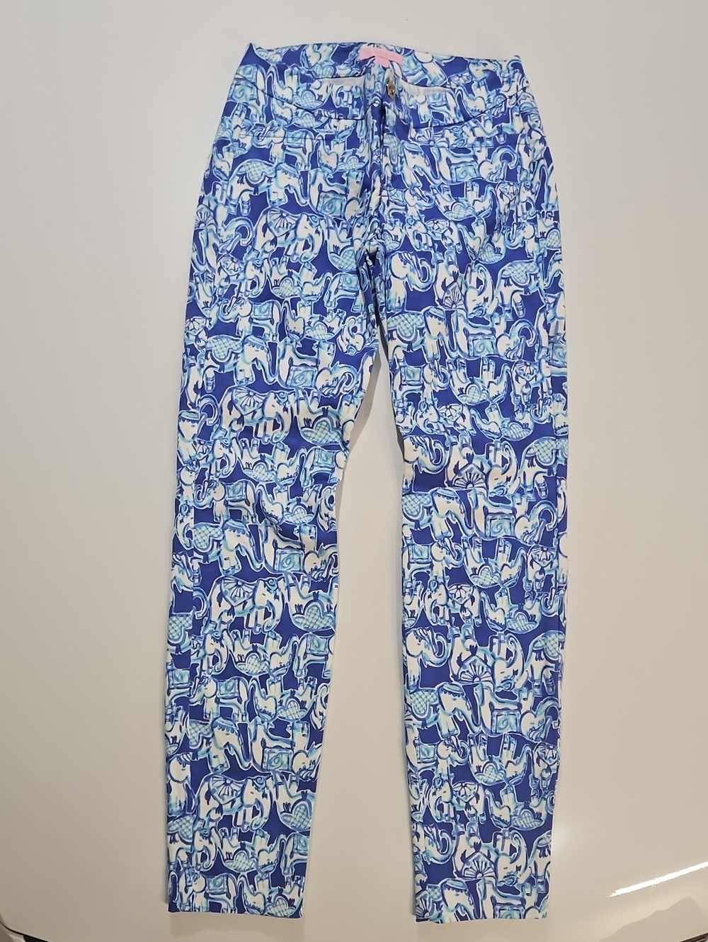 Lilly Pulitzer Womens Blue & White Elephant Pants Sz 00 Inseam 27"